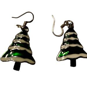 Christmas Tree Earrings Dangle Drop Hook Green White Silver Vintage Enamel